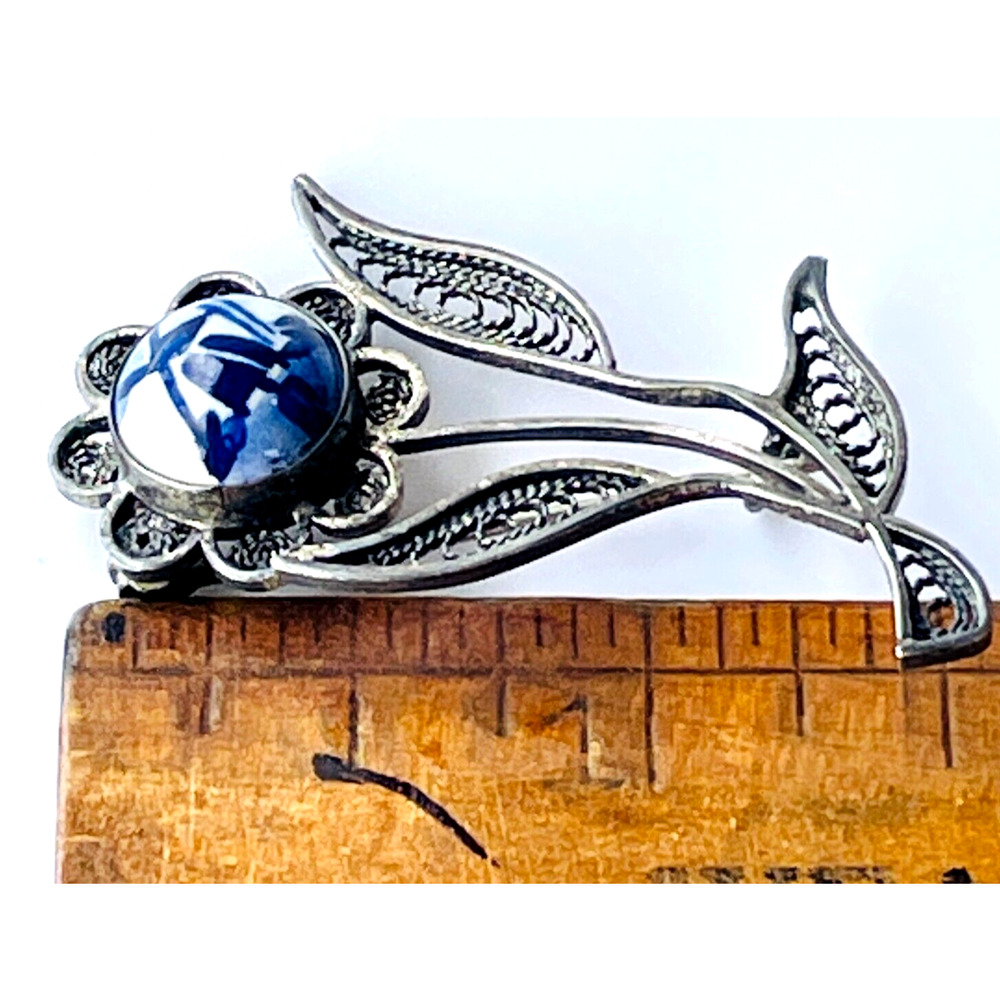Vtg Blue White Delft Windmill Filigree Flower Brooch Dainty Pin C Clasp Signed - Picture 10 of 12